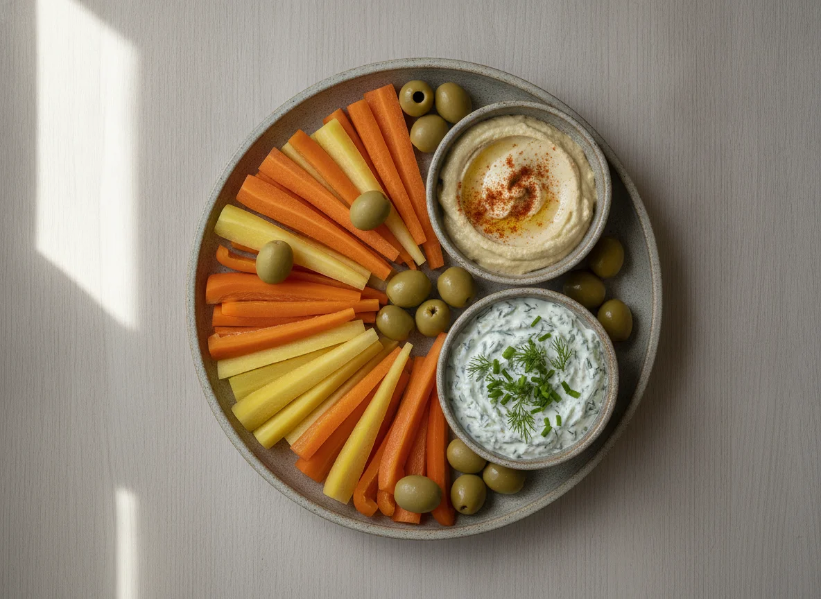 Gemüse-Sticks mit Dips und Oliven photo