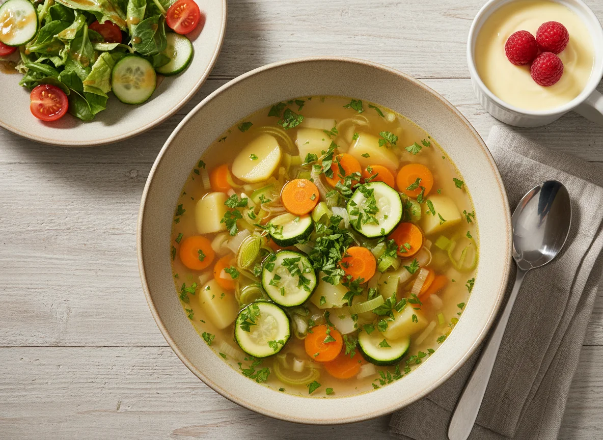 Gemüsesuppe mit Beilagensalat und Dessert photo