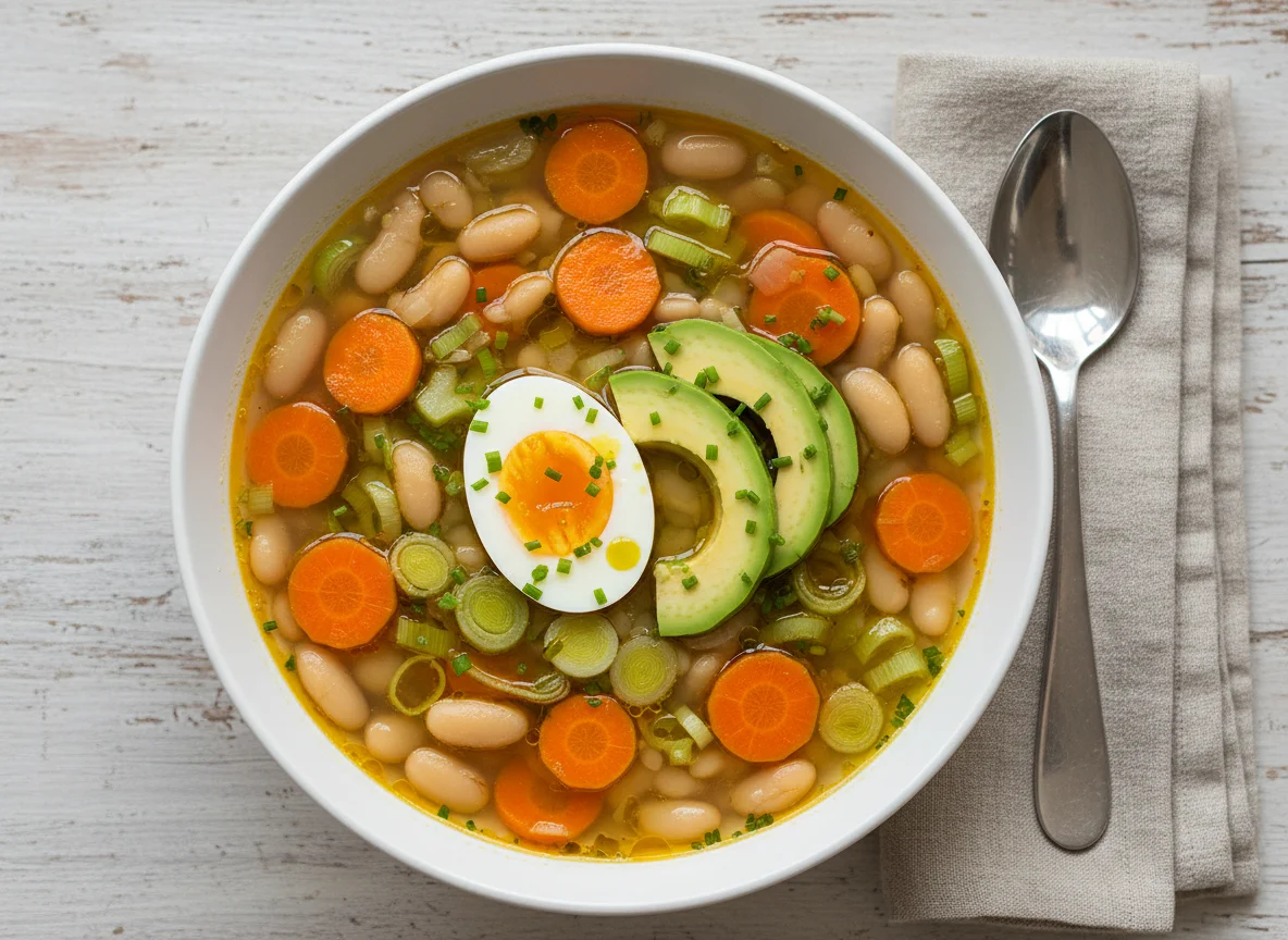 Gemüsesuppe mit Bohnen, Ei und Avocado photo