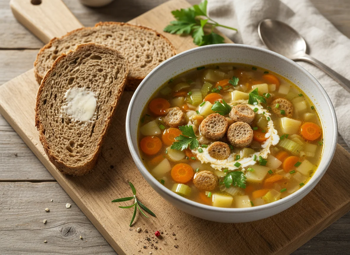 Gemüsesuppe mit Eiweißbrot photo