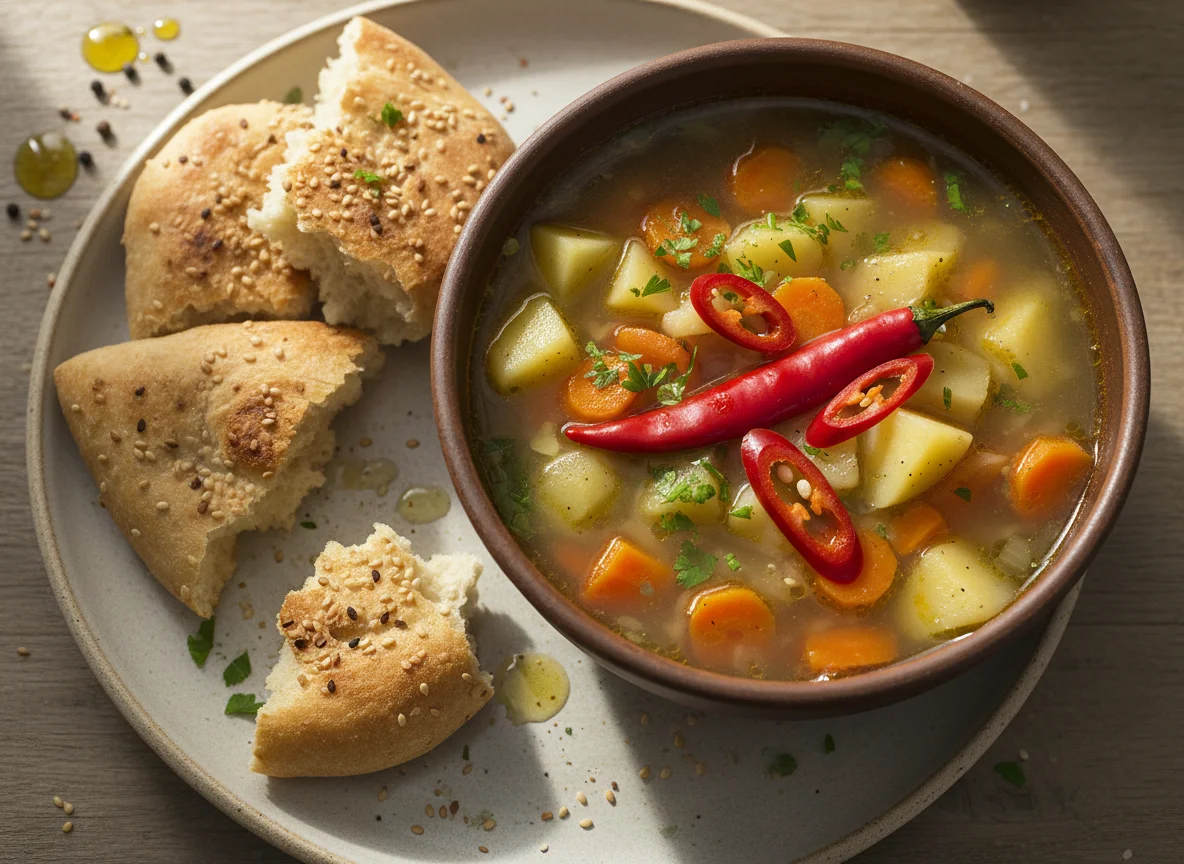 Gemüsesuppe mit Fladenbrot photo