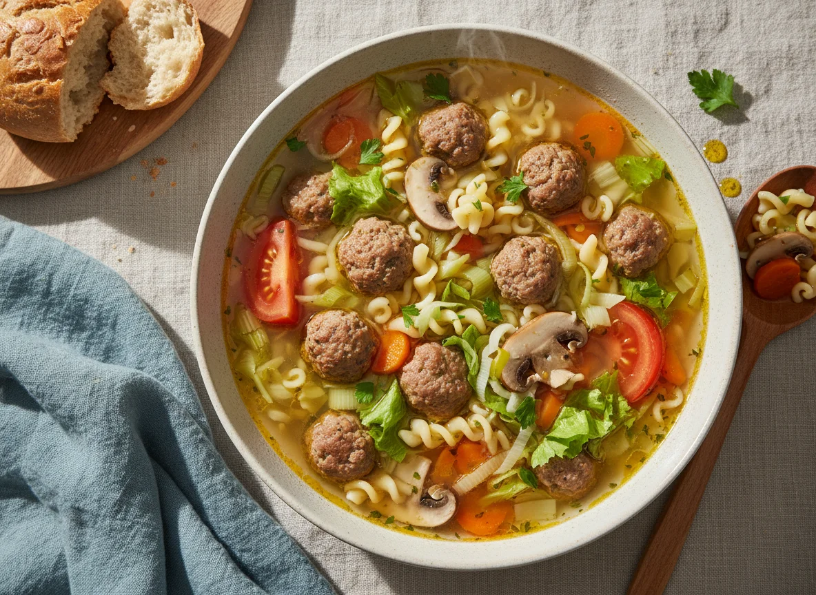 Gemüsesuppe mit Fleischbällchen und Nudeln photo