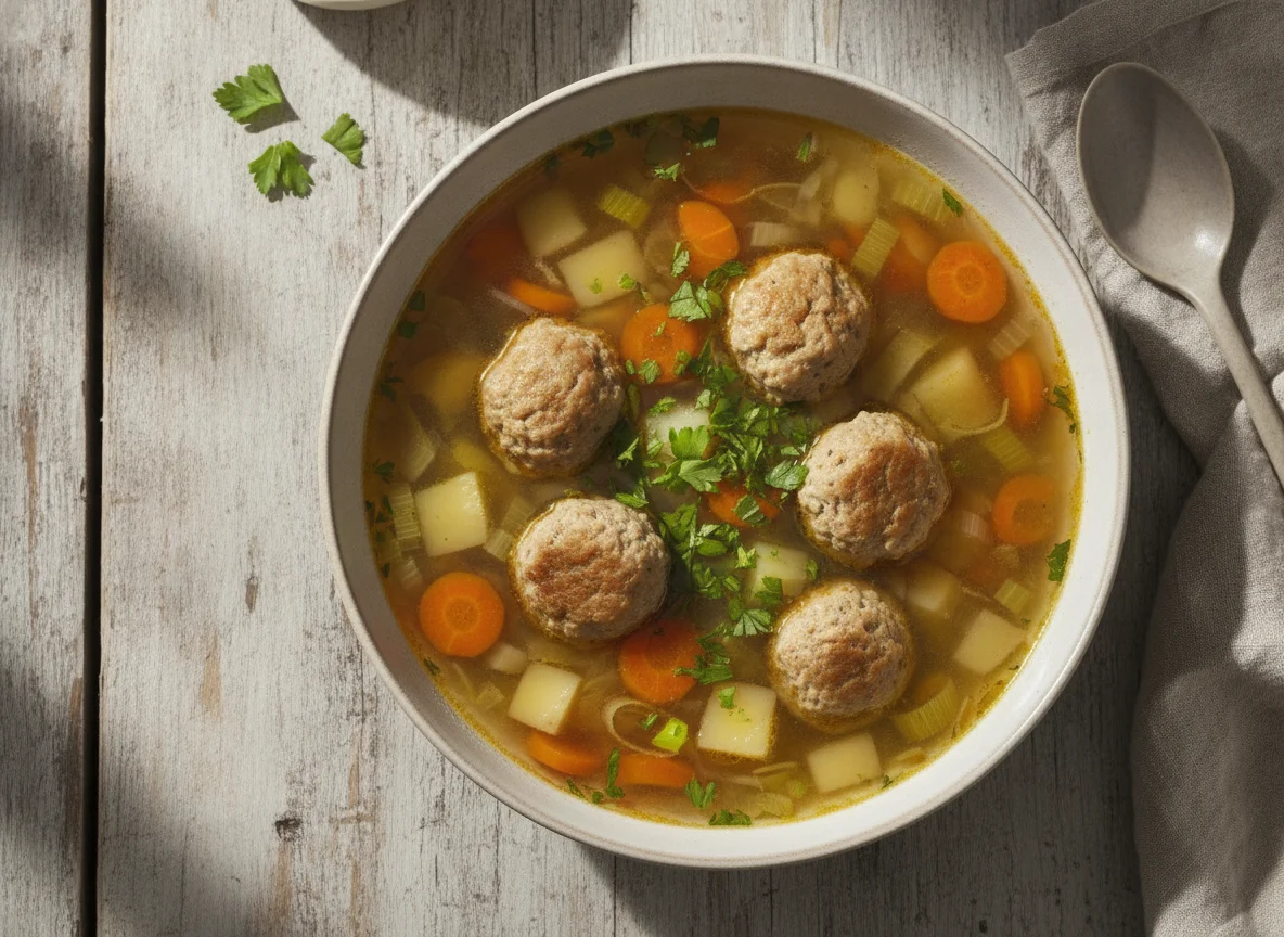Gemüsesuppe mit Fleischklößchen photo