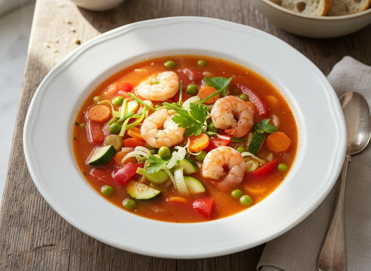 Gemüsesuppe mit Garnelen photo