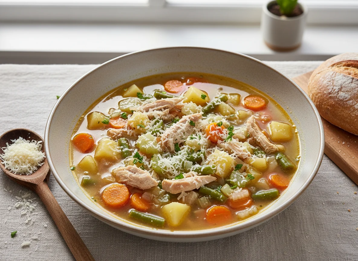 Gemüsesuppe mit Hähnchen und Parmesan photo