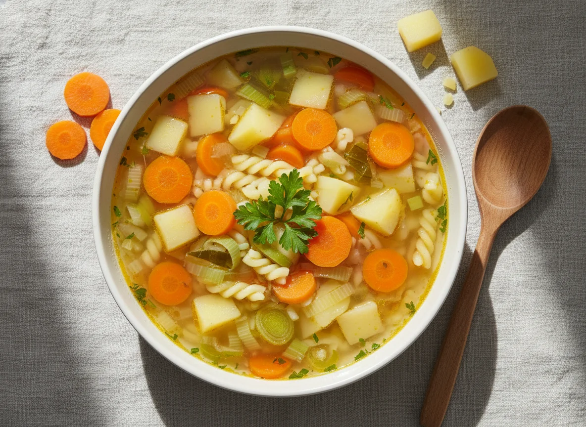 Gemüsesuppe mit Kartoffeln und Nudeln photo