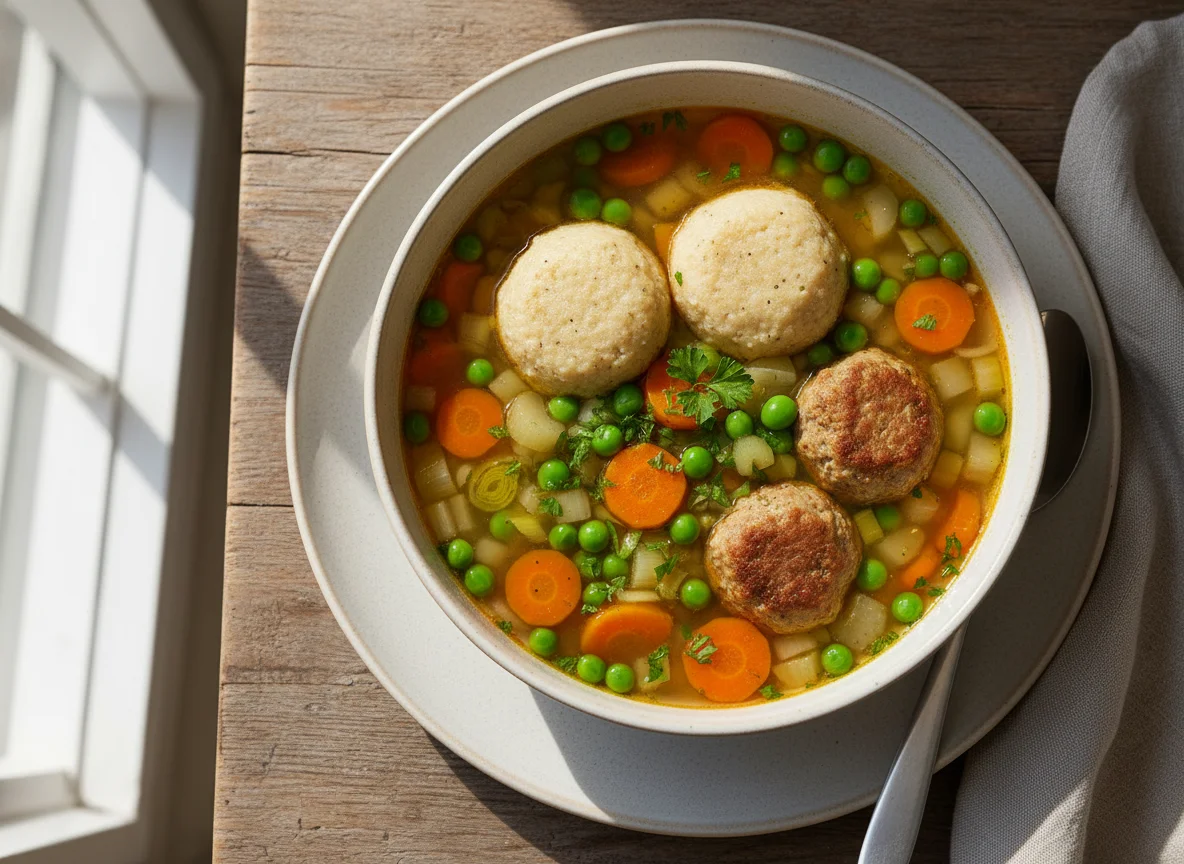 Gemüsesuppe mit Klößen und Fleischklößchen photo
