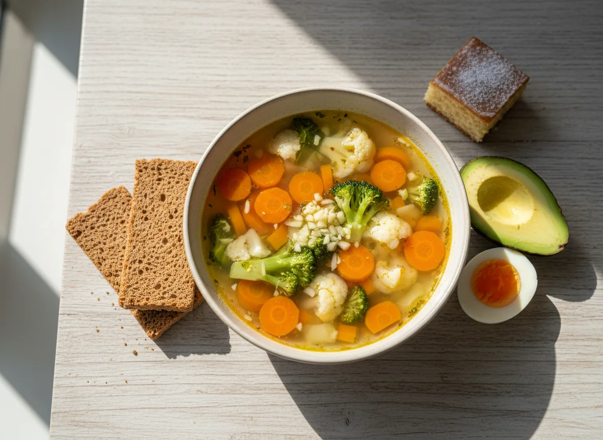 Gemüsesuppe mit Knäckebrot, Avocado, Ei und Dessert photo