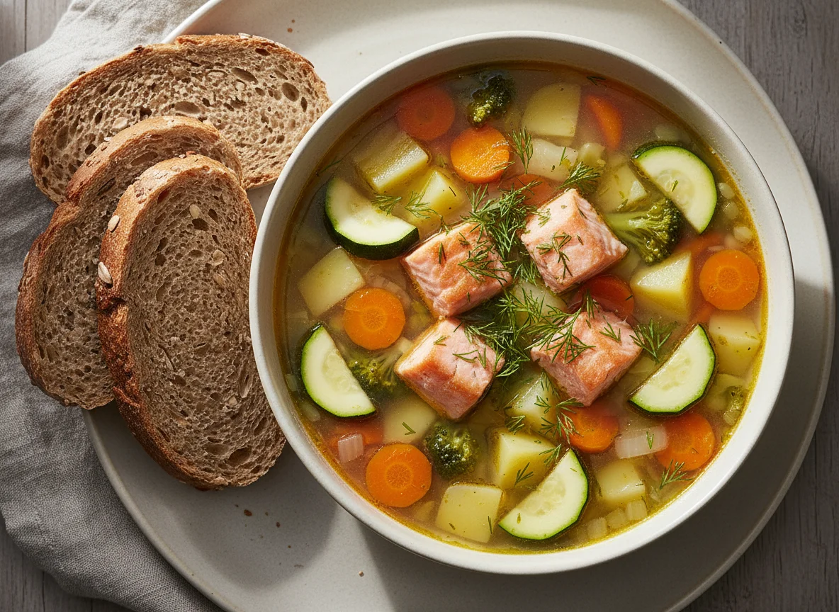 Gemüsesuppe mit Lachs und Brot photo