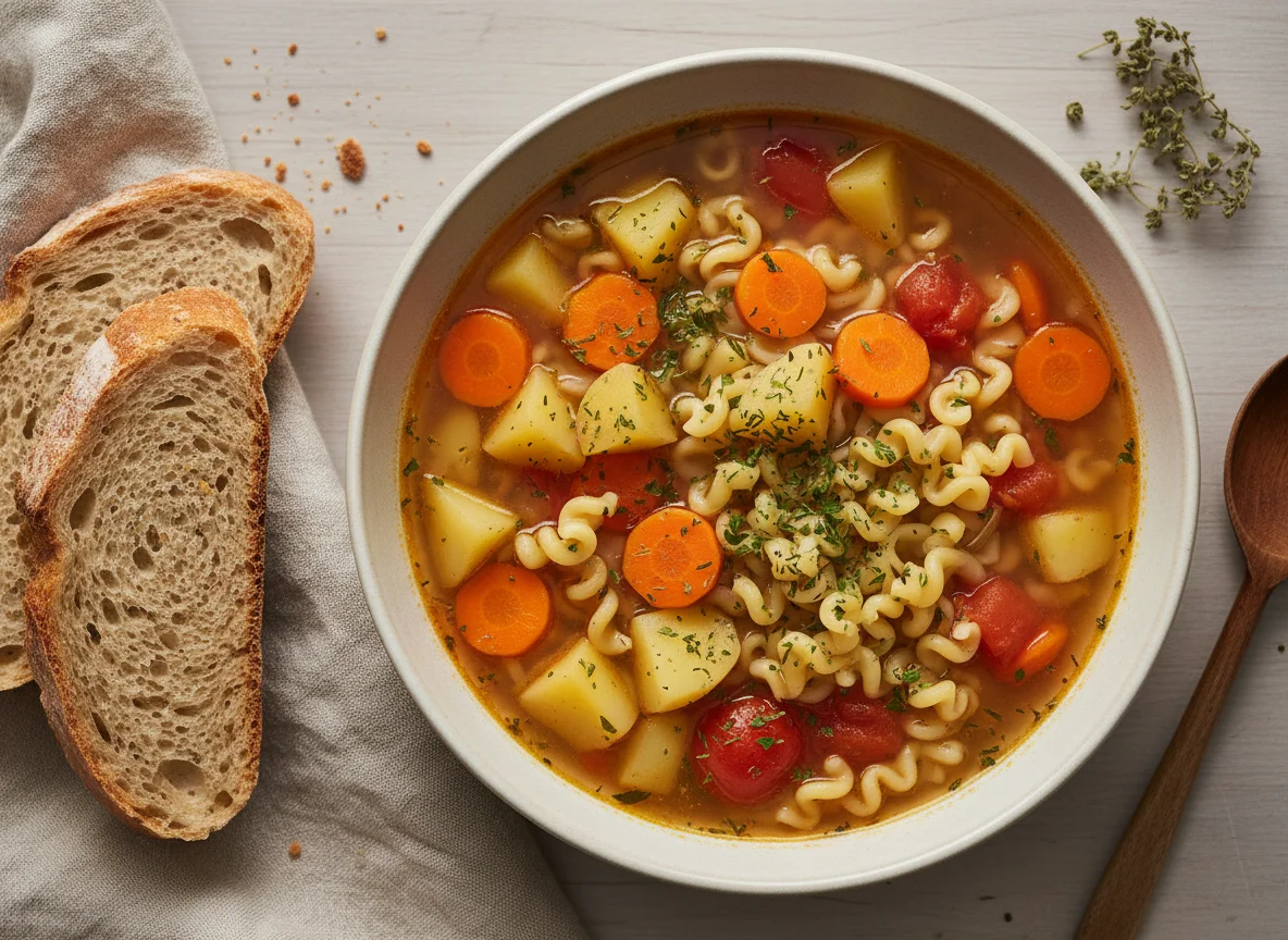 Gemüsesuppe mit Nudeln und Brot photo