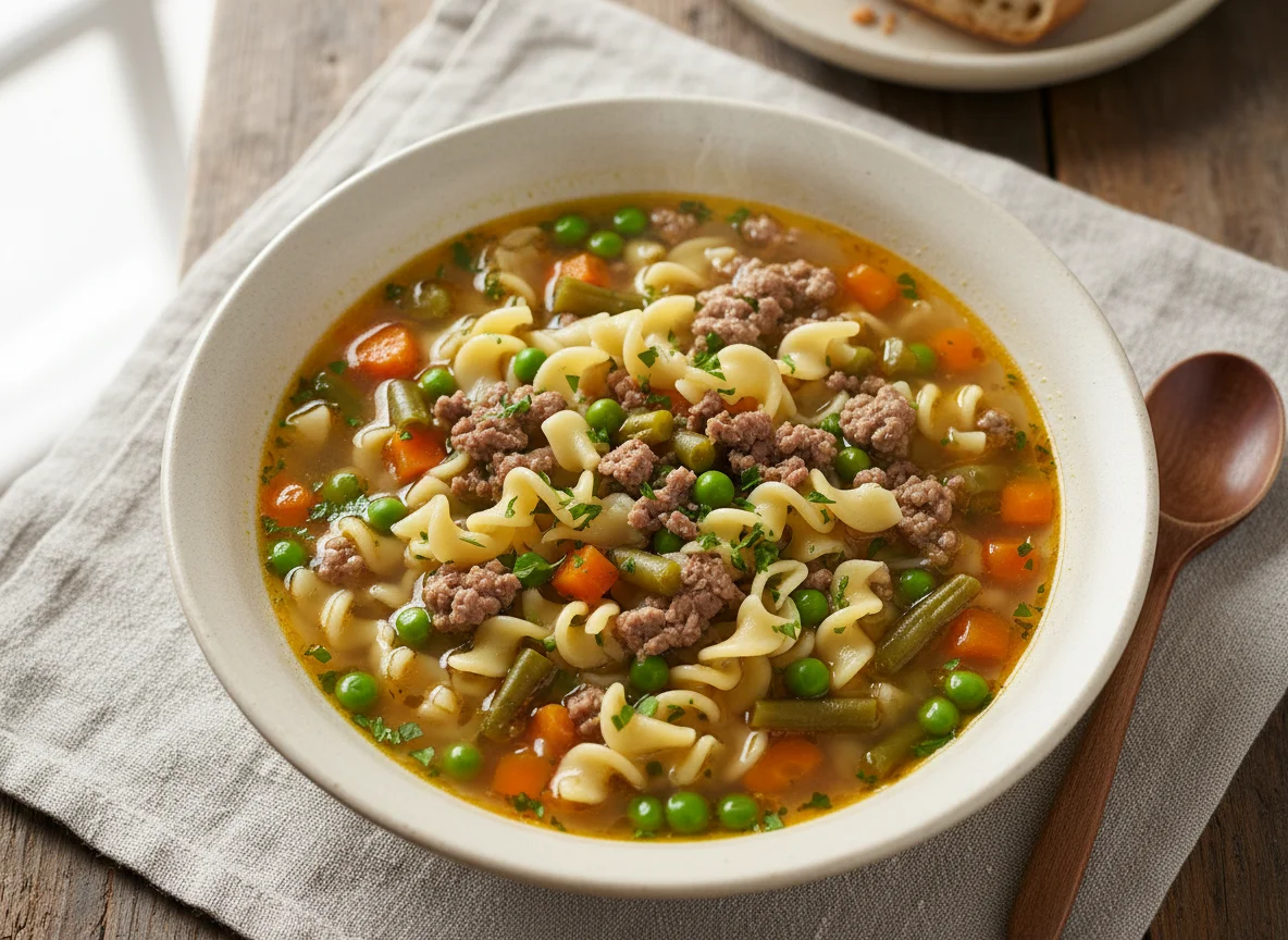 Gemüsesuppe mit Nudeln und Hackfleisch photo
