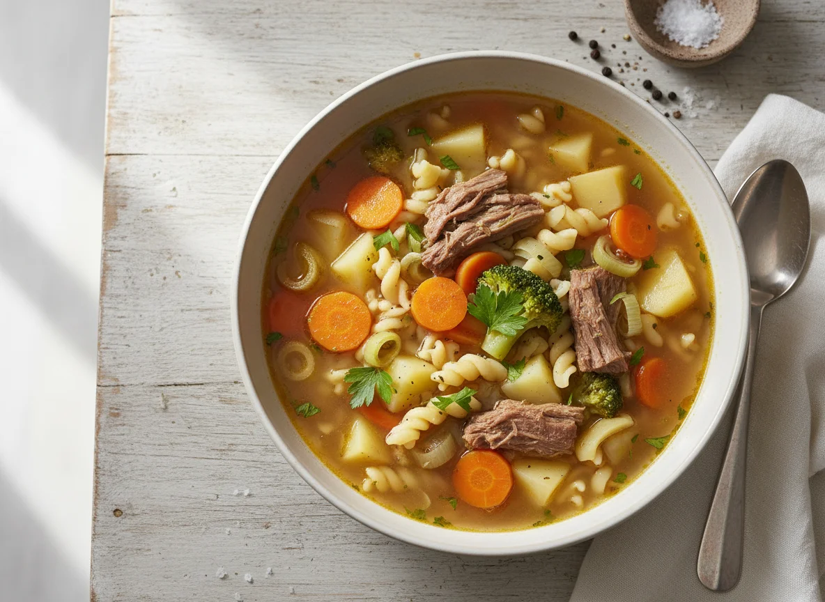 Gemüsesuppe mit Nudeln und Rindfleisch photo