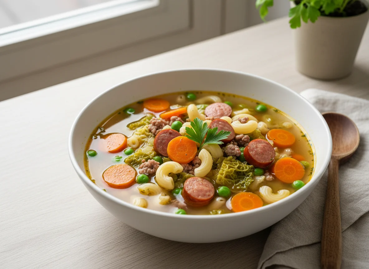 Gemüsesuppe mit Nudeln und Würstchen photo