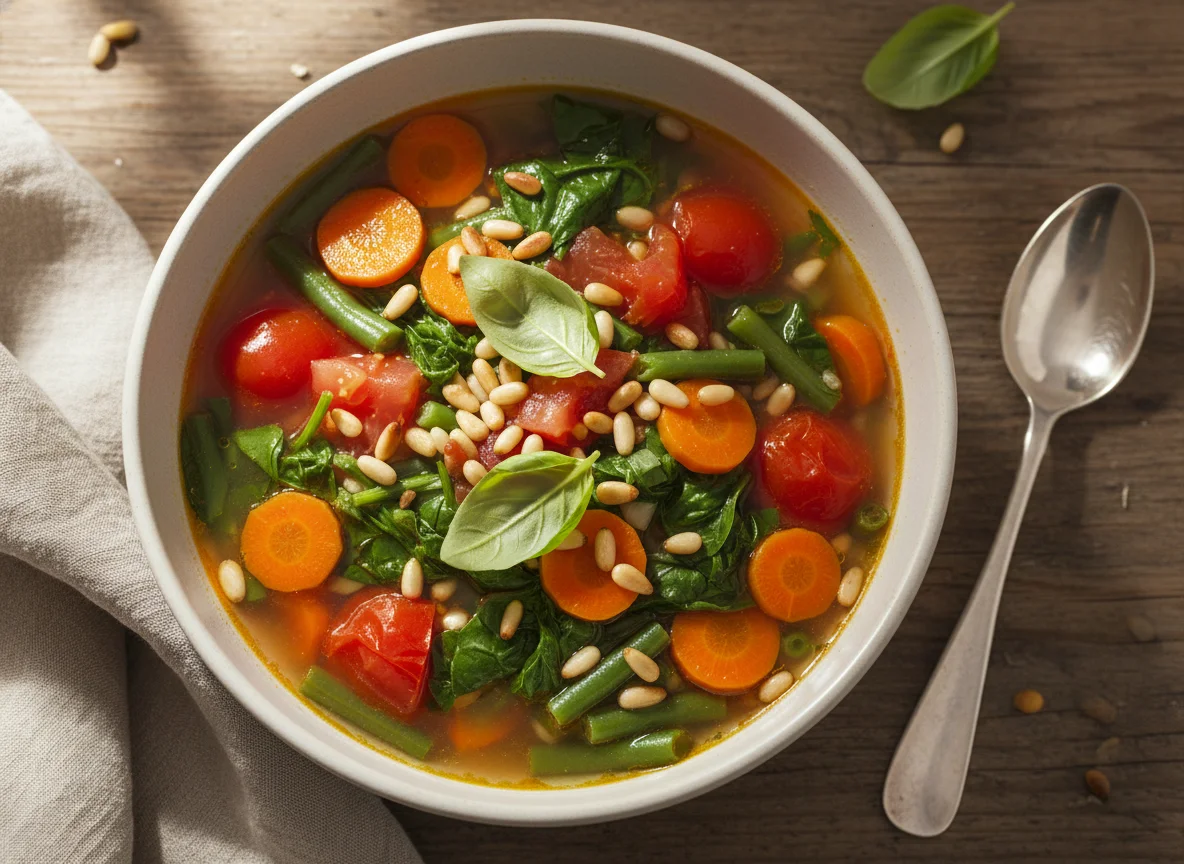 Gemüsesuppe mit Pinienkernen und Basilikum photo
