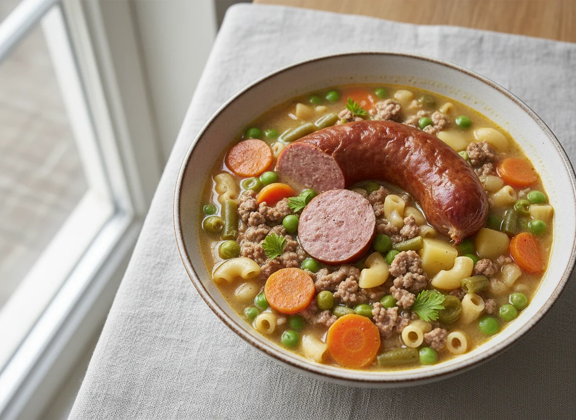 Gemüsesuppe mit Pinkelwurst photo