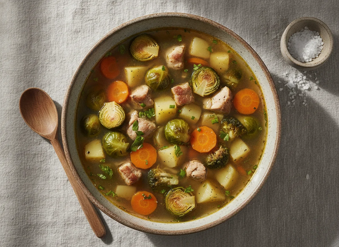 Gemüsesuppe mit Rosenkohl und Fleisch photo