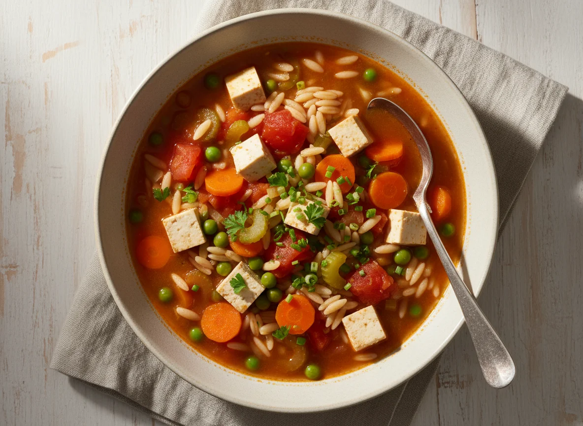 Gemüsesuppe mit Tofu und Orzo photo