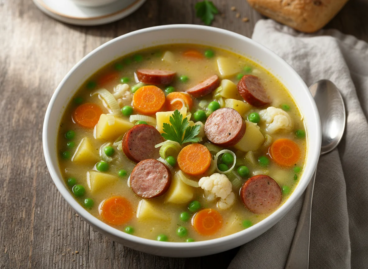 Gemüsesuppe mit Würstchen photo