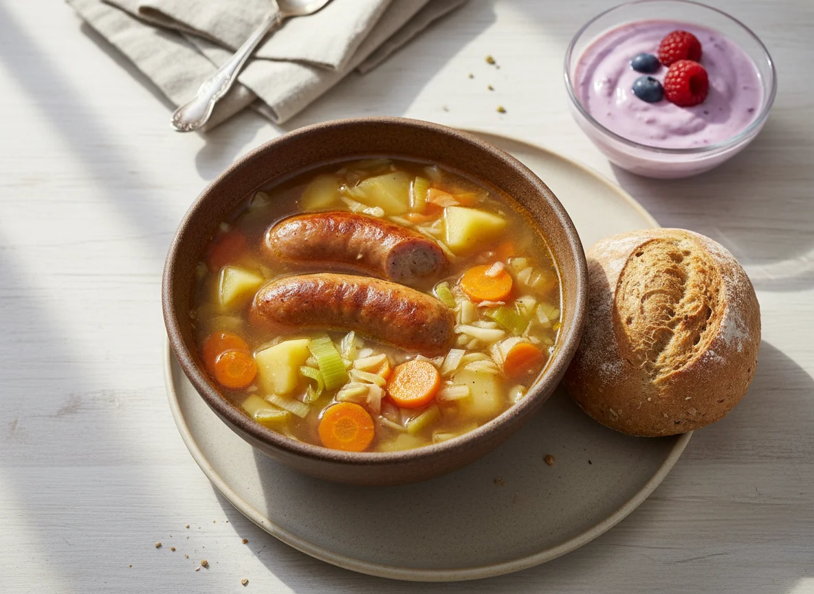 Gemüsesuppe mit Würstchen, Vollkornbrötchen und Joghurt photo