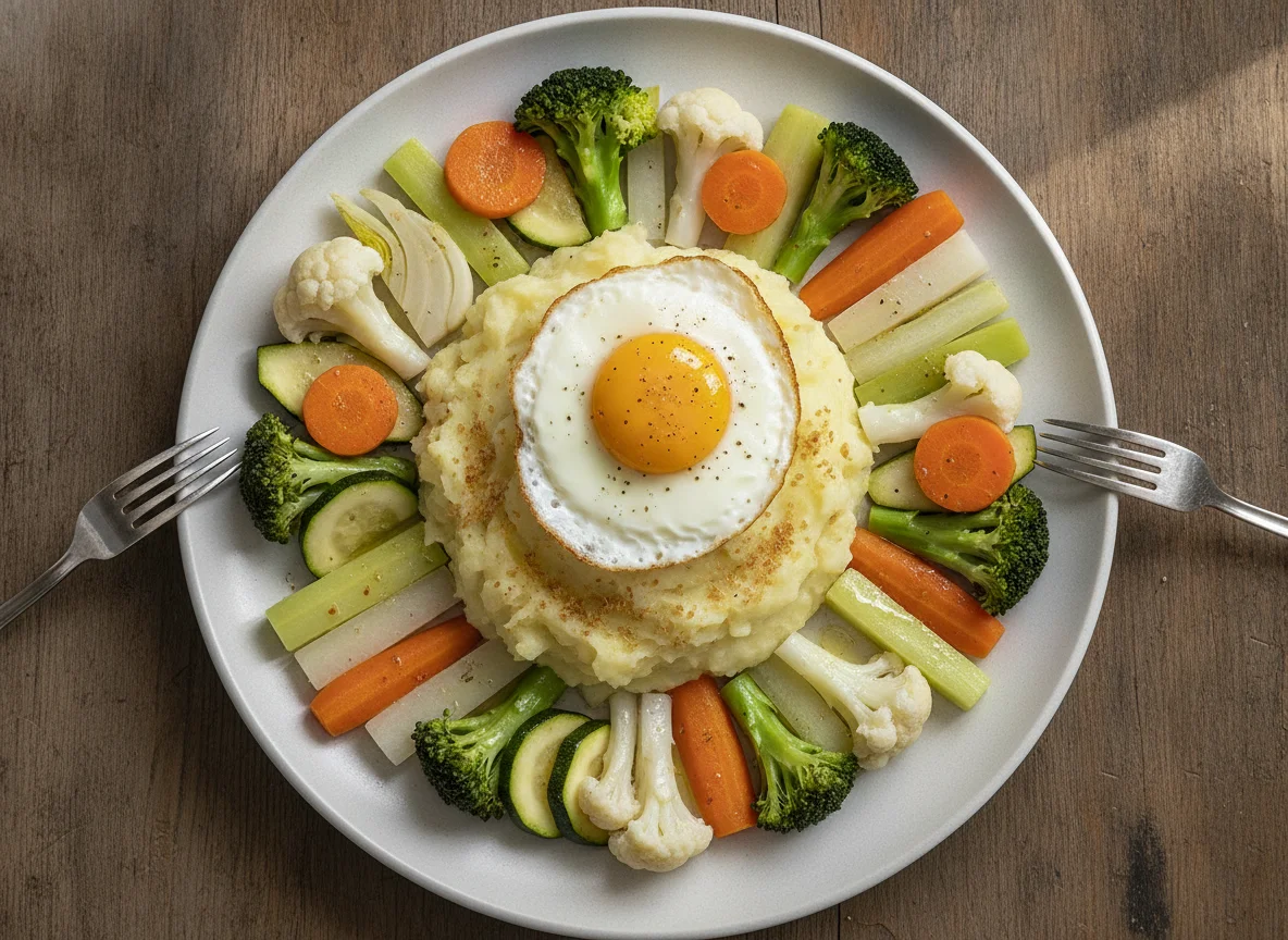Gemüseteller mit Kartoffelstock und Spiegelei photo