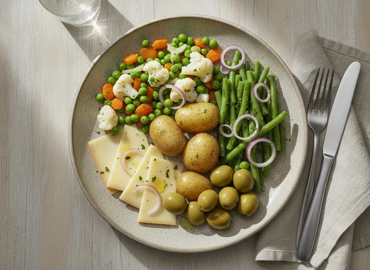Gemüseteller mit Käse und Oliven photo