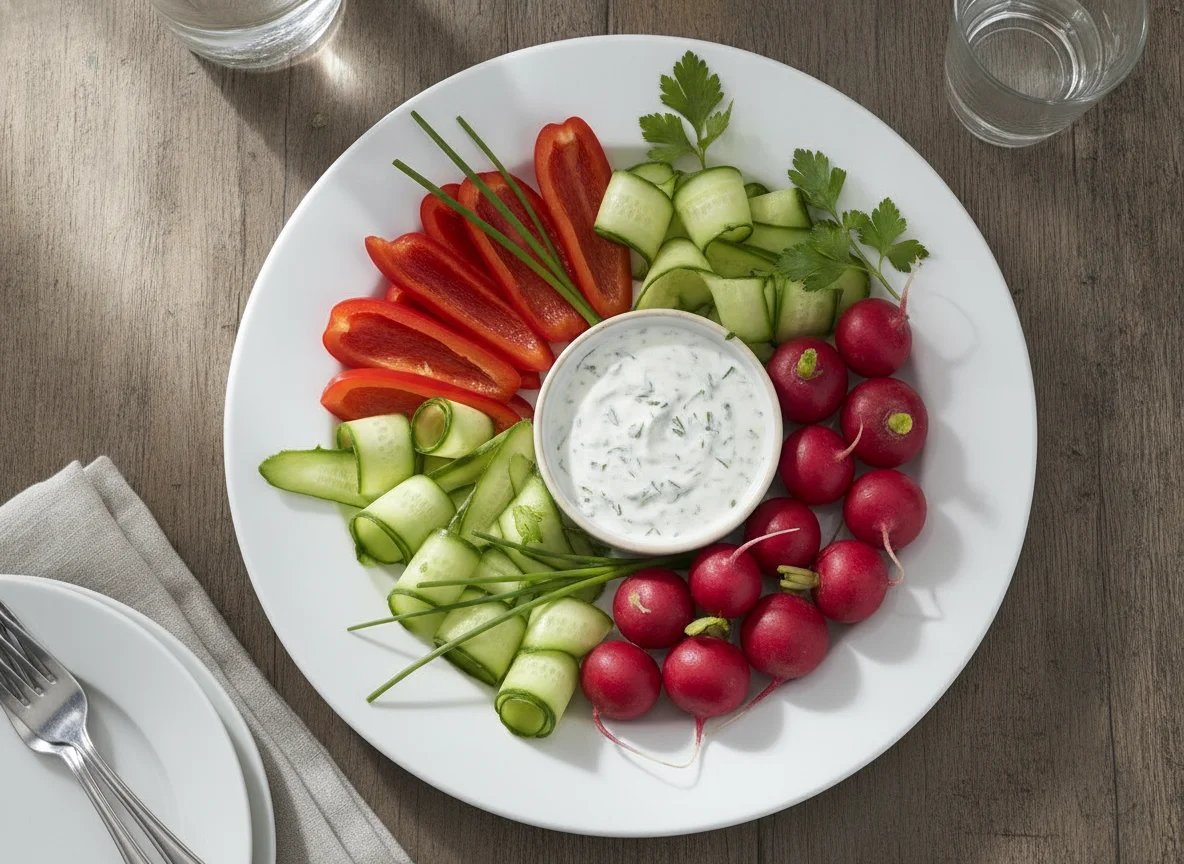 Gemüseteller mit Paprika, Gurke und Radieschen photo