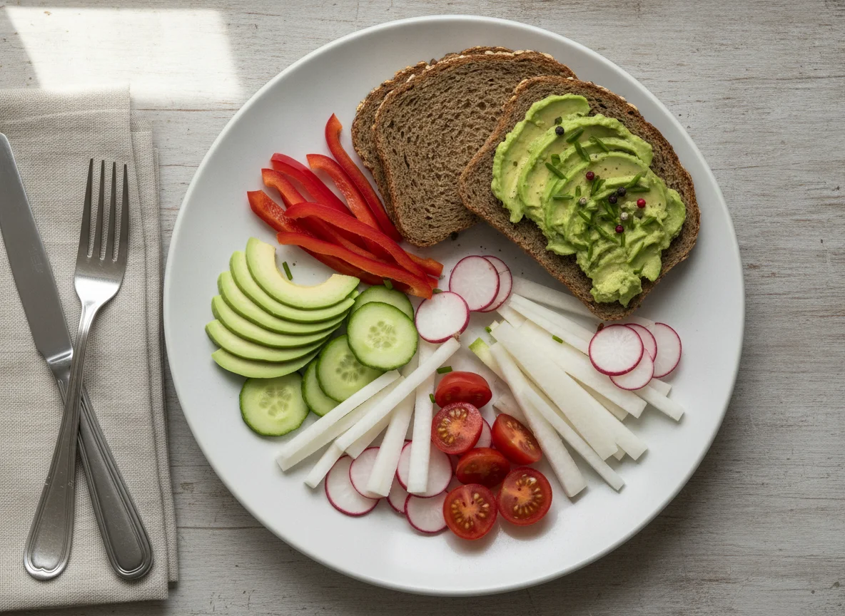 Gemüseteller mit Vollkornbrot und Avocado photo