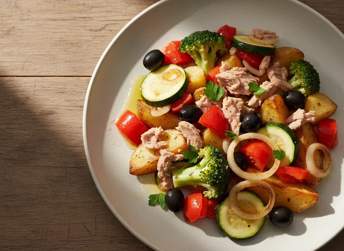 Gemüse-Thunfisch-Pfanne mit Kartoffeln photo