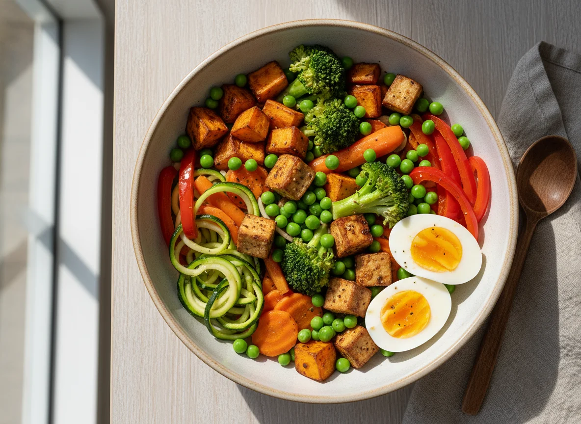 Gemüse-Tofu-Bowl mit Ei photo