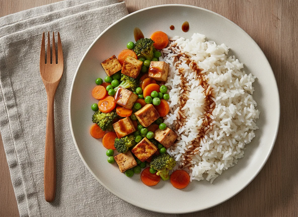 Gemüse-Tofu-Pfanne mit Reis photo