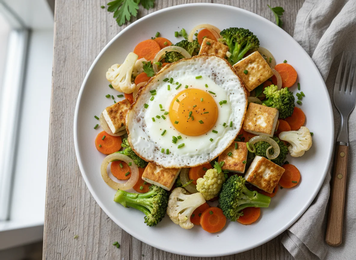 Gemüse-Tofu-Pfanne mit Spiegelei photo