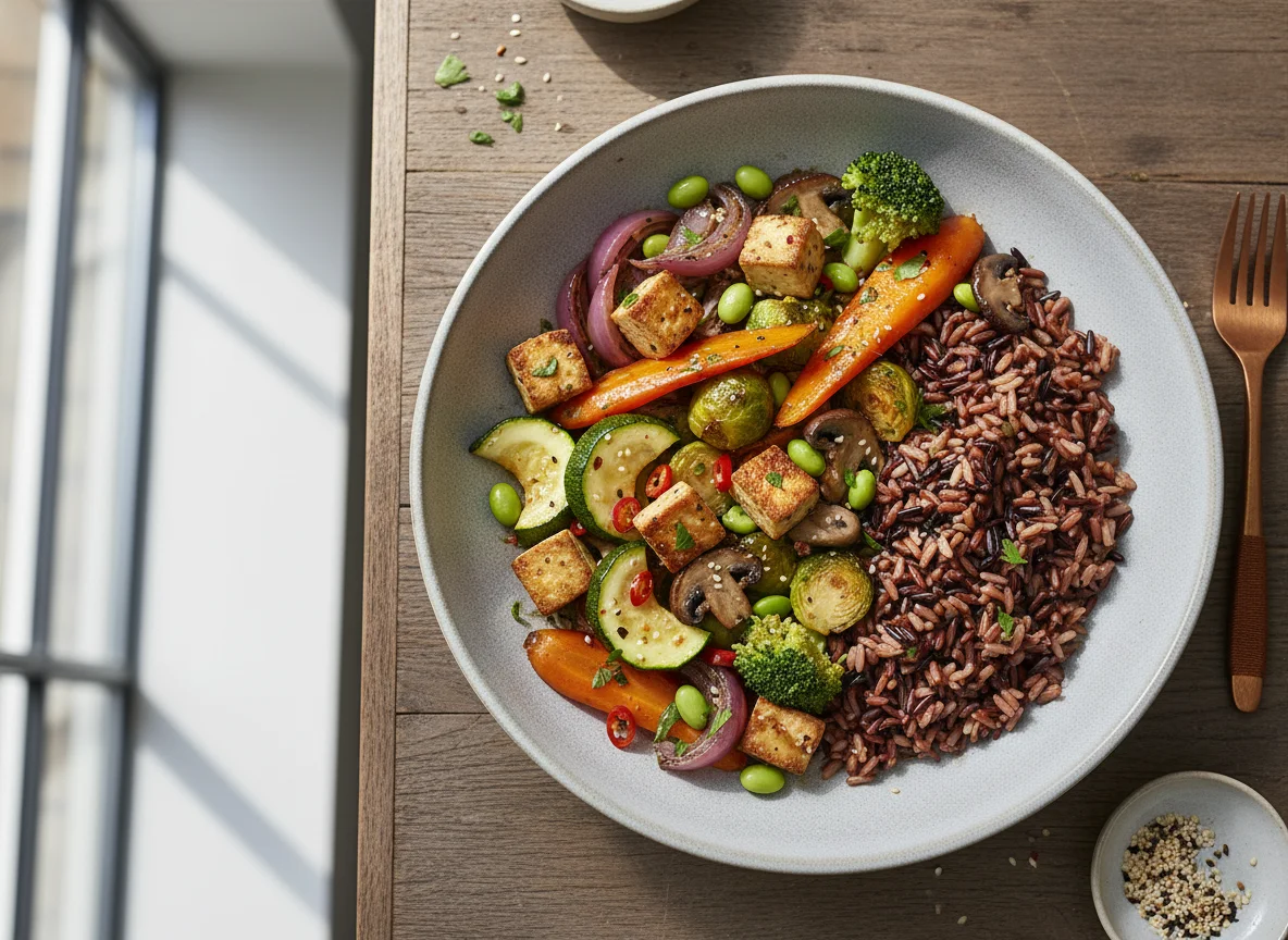 Gemüse-Tofu-Pfanne mit Wildreis photo