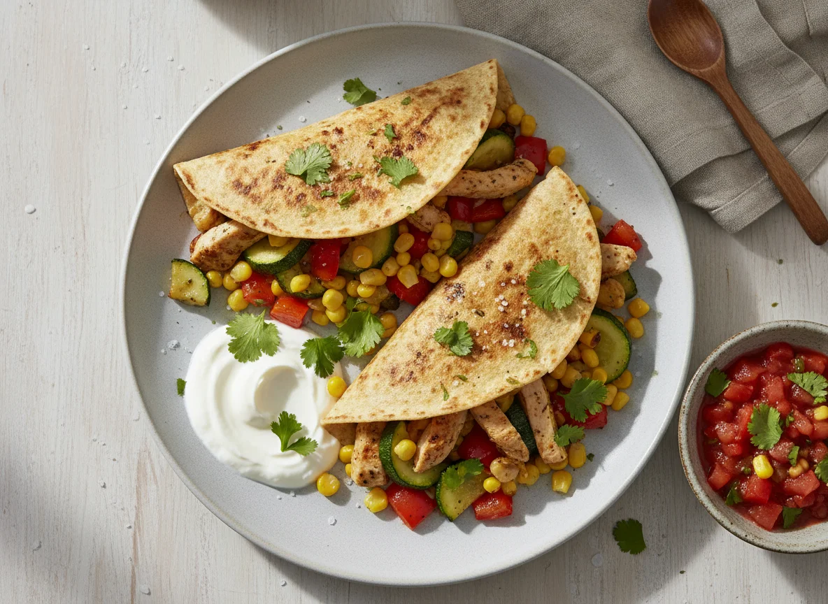 Gemüse-Tortilla mit Salsa und Joghurt photo