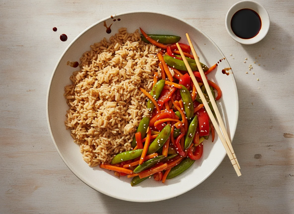Gemüse-Wok mit Reis photo