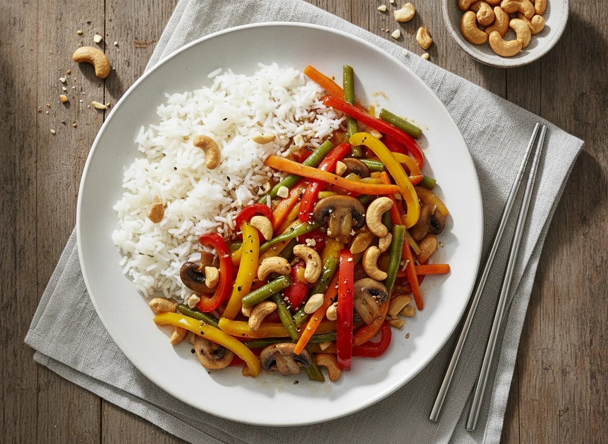 Gemüse-Wok mit Reis und Cashewkernen photo
