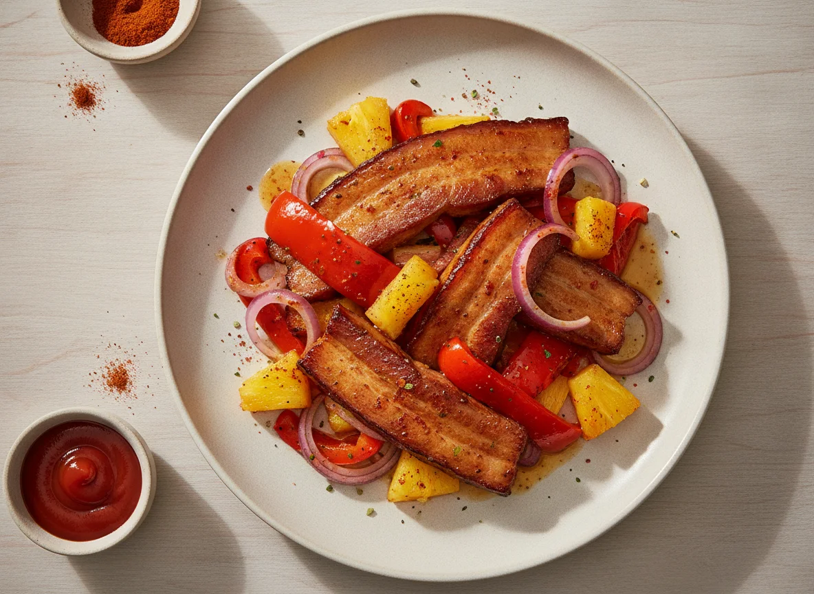 Geräucherter Bauchspeck mit Ananas und Paprika photo