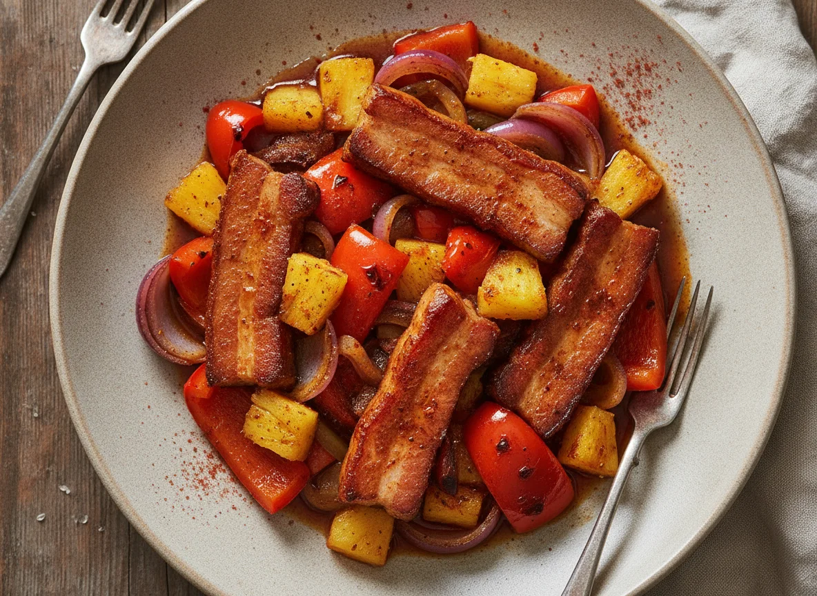 Geräucherter Bauchspeck mit Paprika und Ananas photo