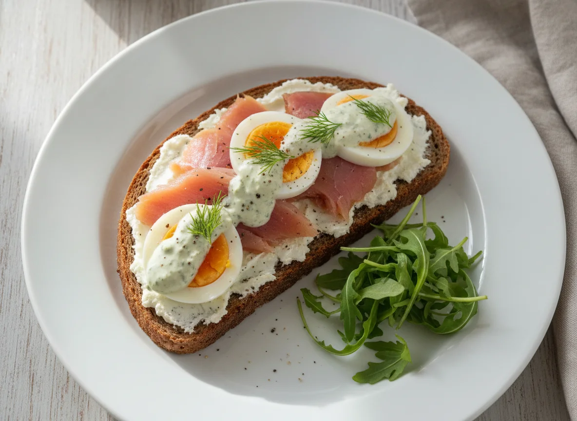 Geräucherter Fisch auf Brot mit Ei und Sauce photo