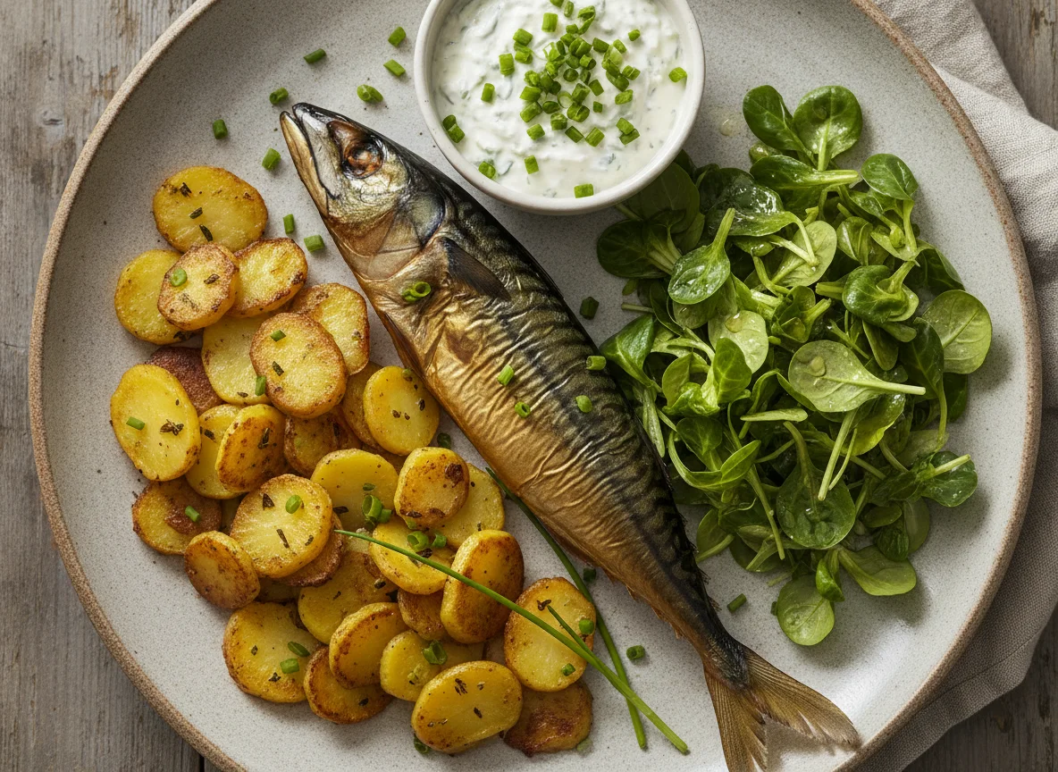 Geräucherter Fisch mit Bratkartoffeln, Salat und Kräuterquark photo