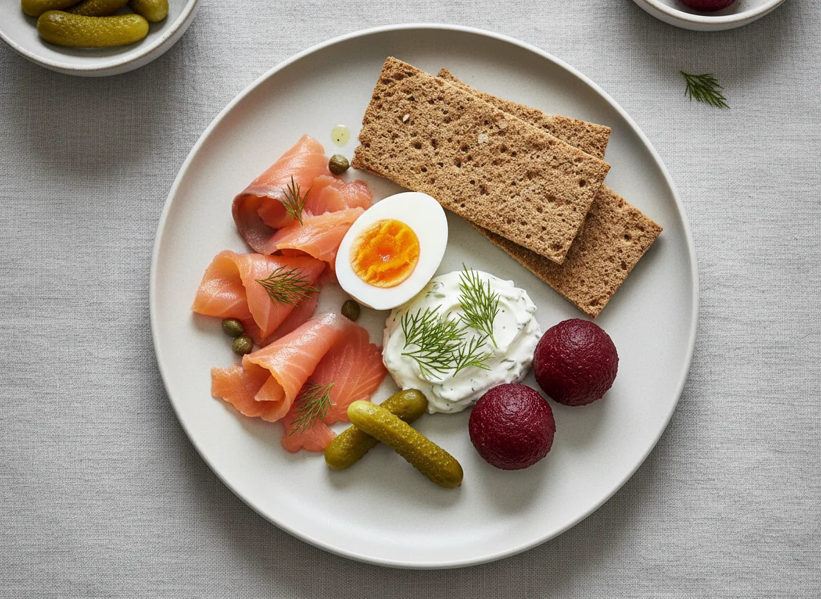 Geräucherter Lachs mit Knäckebrot, Ei und Beilagen photo
