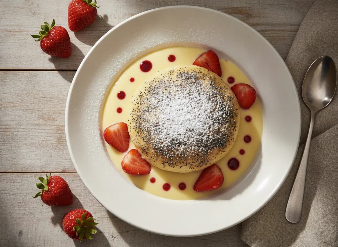 Germknödel mit Vanillesauce und Erdbeeren photo