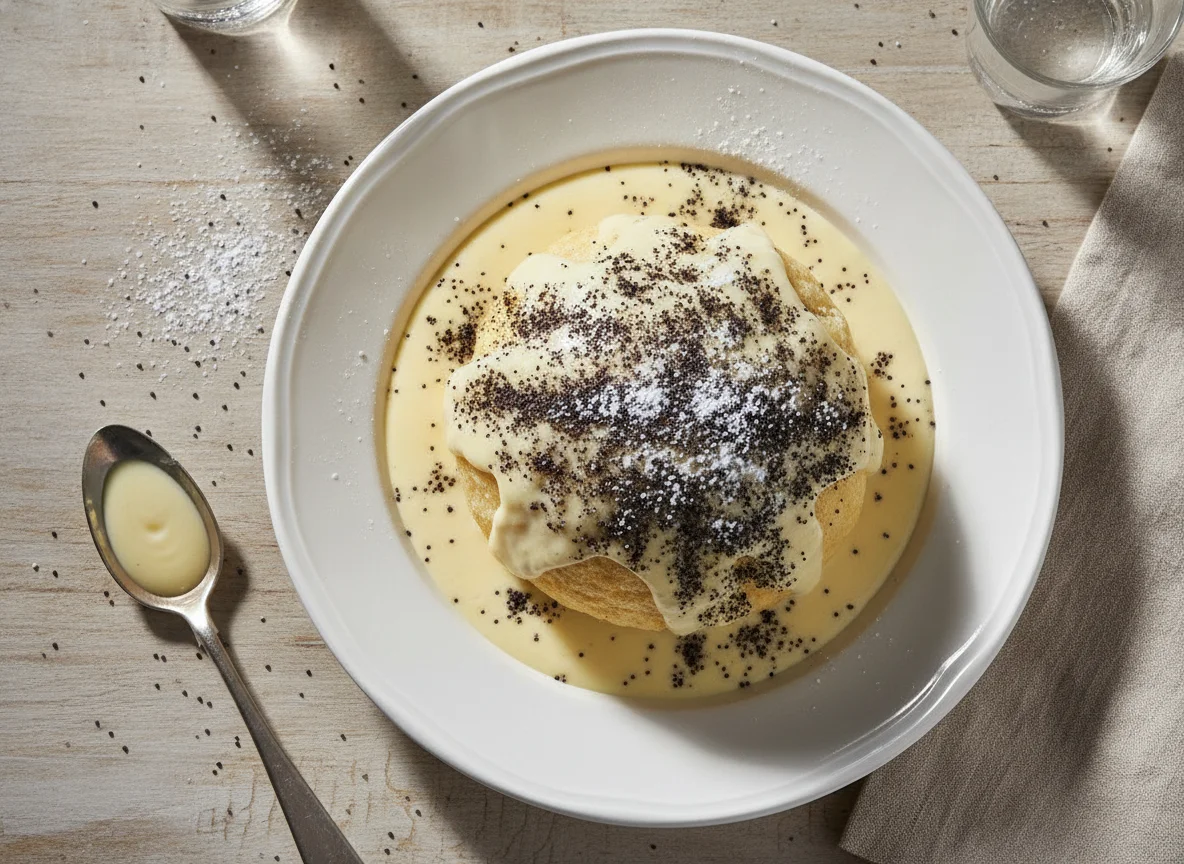 Germknödel mit Vanillesauce und Mohn photo