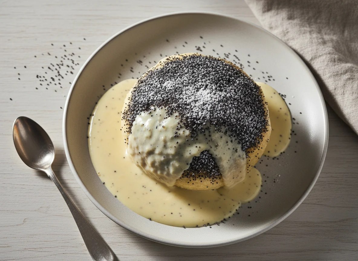Germknödel mit Vanillesauce und Mohnzucker photo