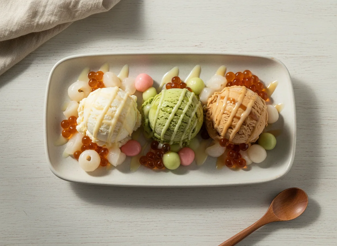 Gerollte Eiscreme mit Toppings photo