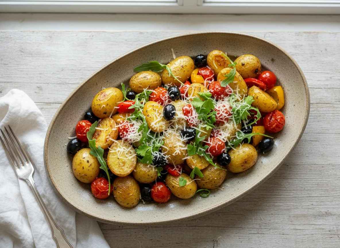 Geröstete Kartoffeln und Gemüse mit Parmesan photo