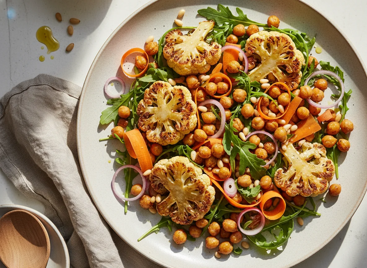 Gerösteter Blumenkohl-Salat mit Kichererbsen und Pinienkernen photo