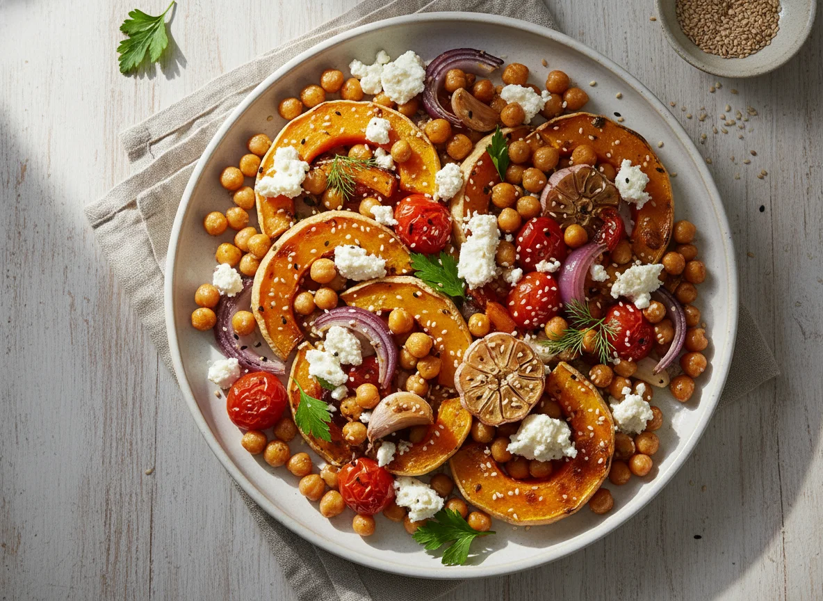 Gerösteter Gemüse-Kichererbsen-Salat mit Feta photo