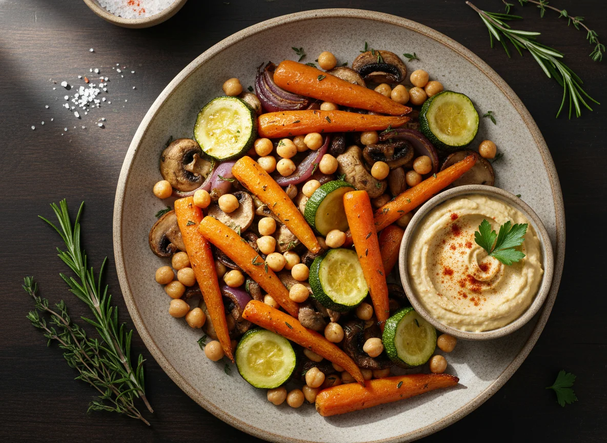 Geröstetes Gemüse mit Kichererbsen und Dip photo