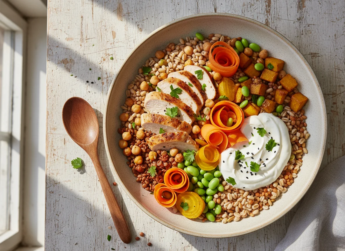 Gersten-Gemüse-Bowl mit Hähnchen und Joghurt photo