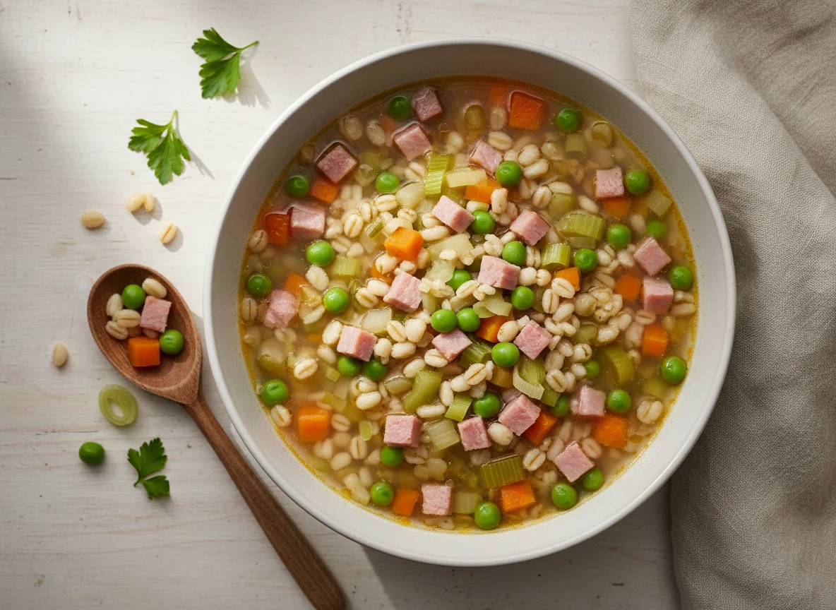 Gersten-Gemüsesuppe mit Schinken photo